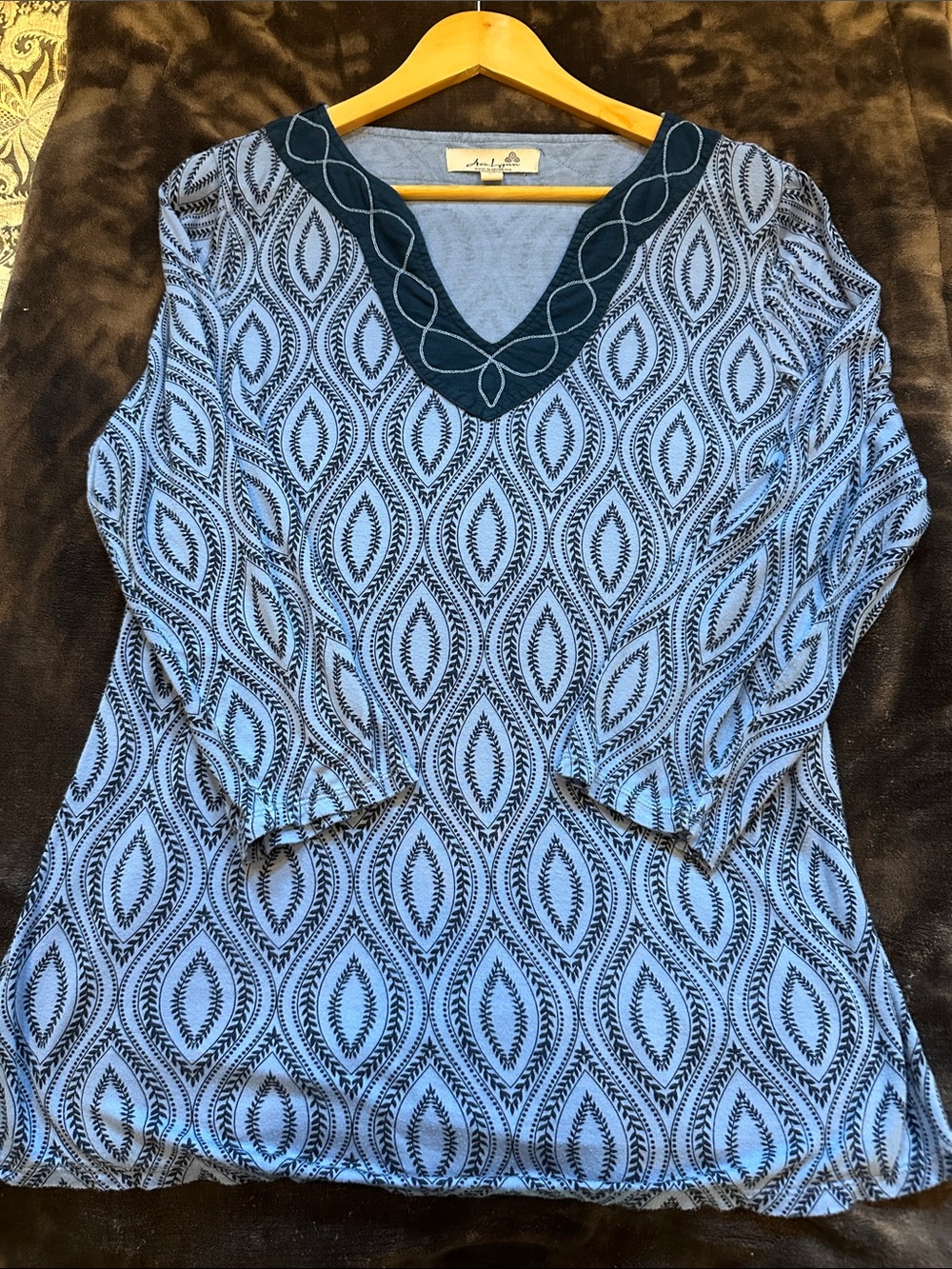 Light Blue Geometric V-Neck Tunic with Dark Trim